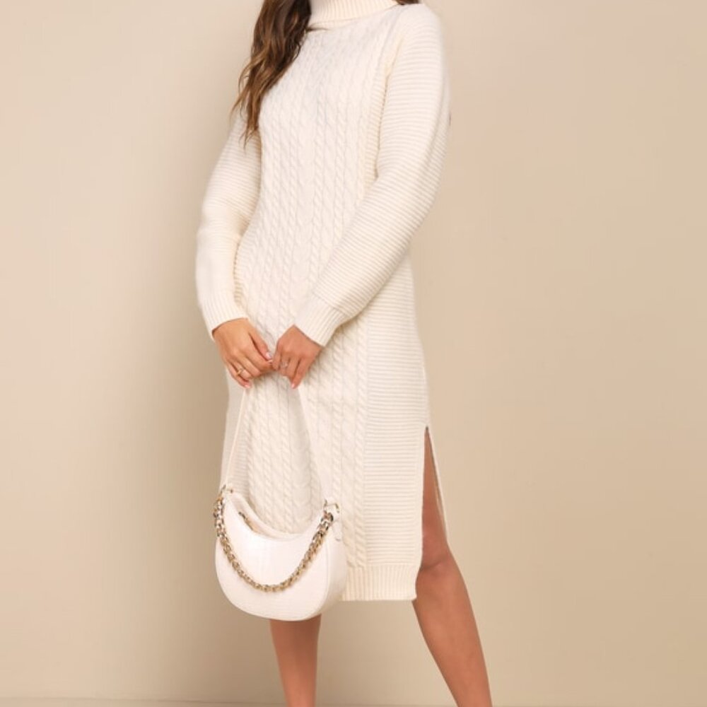 Lulus Snuggly Forecast Cream Cable Knit Turtleneck Sweater Midi Dress White